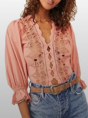 Free People Louella Embroidered Lace Romantic Boho Blouse